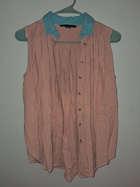 Armani Exchange Pink Sleeveless Button-Down Top with Teal Collar
